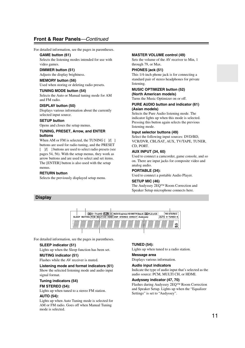 Display, Front & rear panels —continued | Onkyo 29344937 User Manual | Page 11 / 100