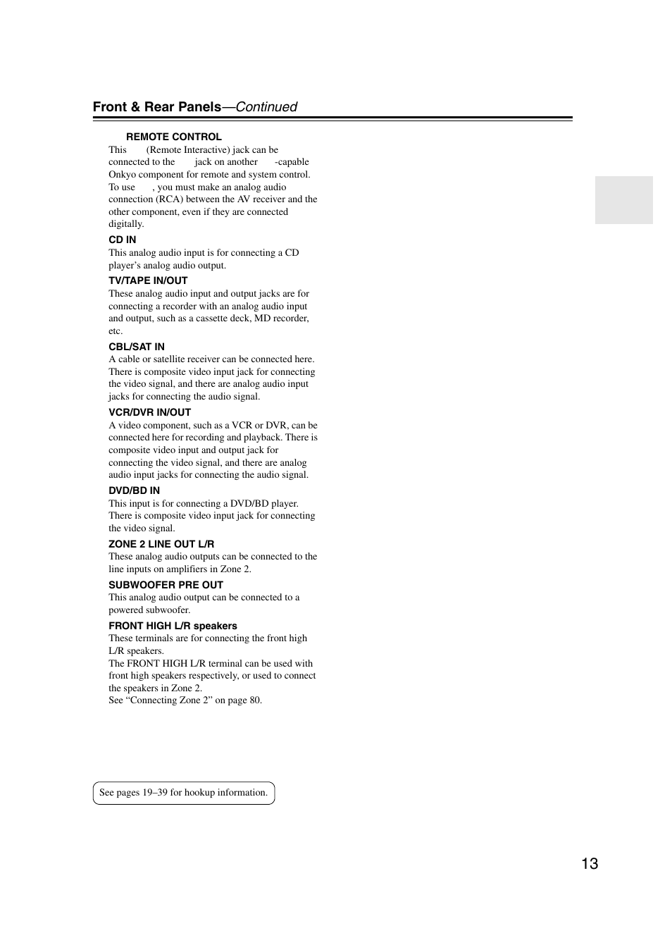 Front & rear panels —continued | Onkyo 29344937 User Manual | Page 13 / 100