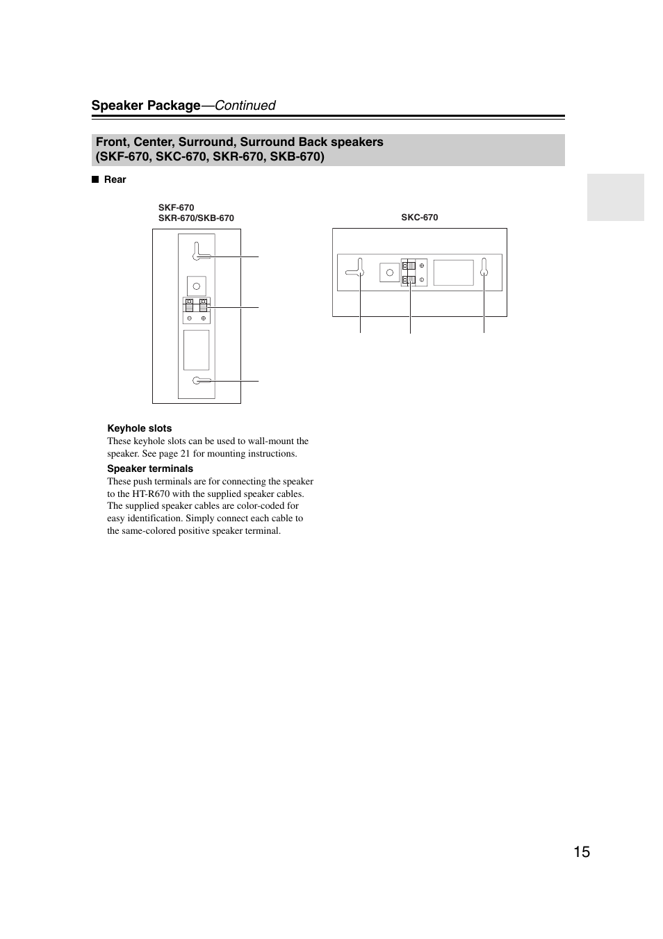 Front, center, surround, surround back speakers, Skf-670, skc-670, skr-670, skb-670) | Onkyo 29344937 User Manual | Page 15 / 100