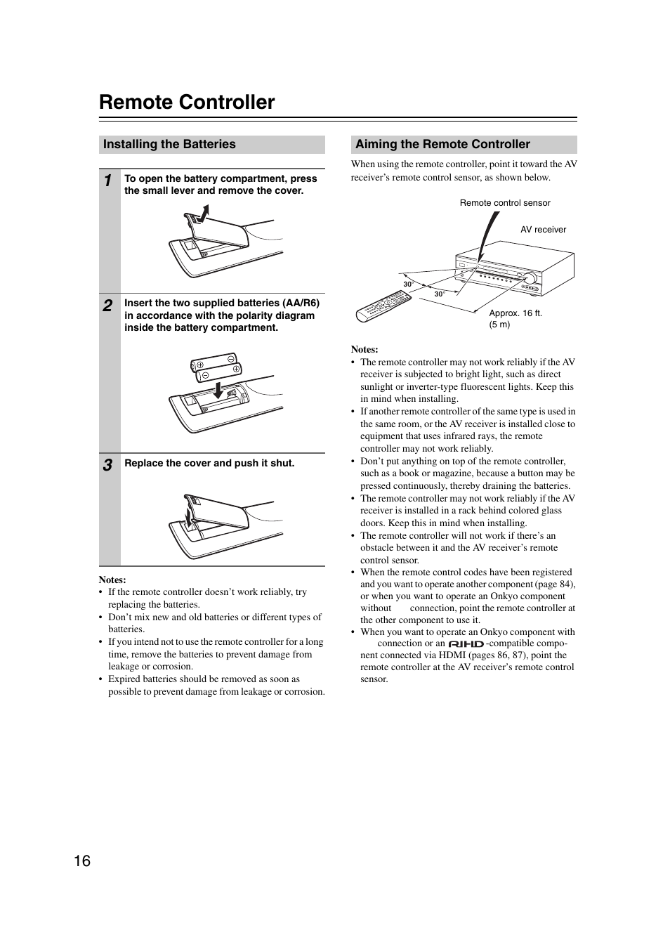 Remote controller, Installing the batteries, Aiming the remote controller | Ol sensor (16) | Onkyo 29344937 User Manual | Page 16 / 100