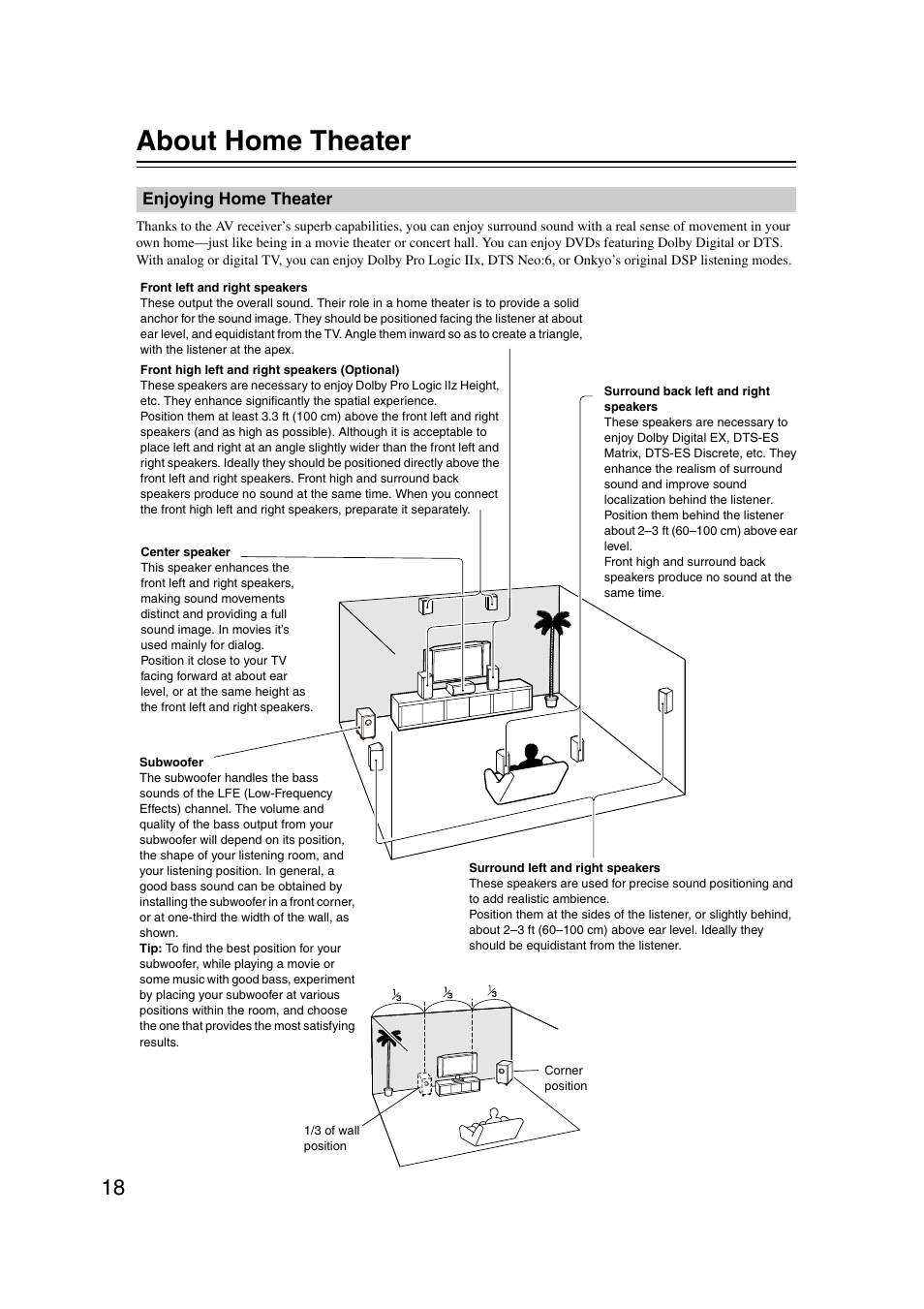 About home theater, Enjoying home theater | Onkyo 29344937 User Manual | Page 18 / 100