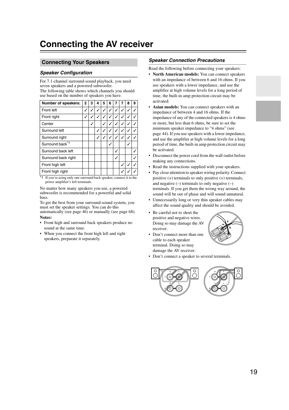 Connecting the av receiver, Connecting your speakers, Connection | Onkyo 29344937 User Manual | Page 19 / 100