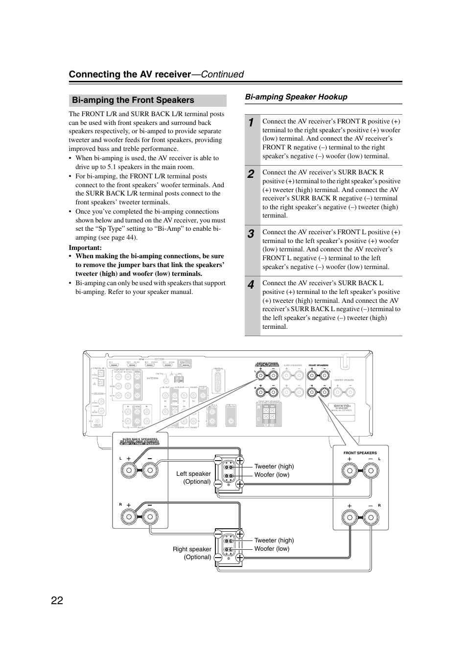 Bi-amping the front speakers, Connecting the av receiver —continued | Onkyo 29344937 User Manual | Page 22 / 100