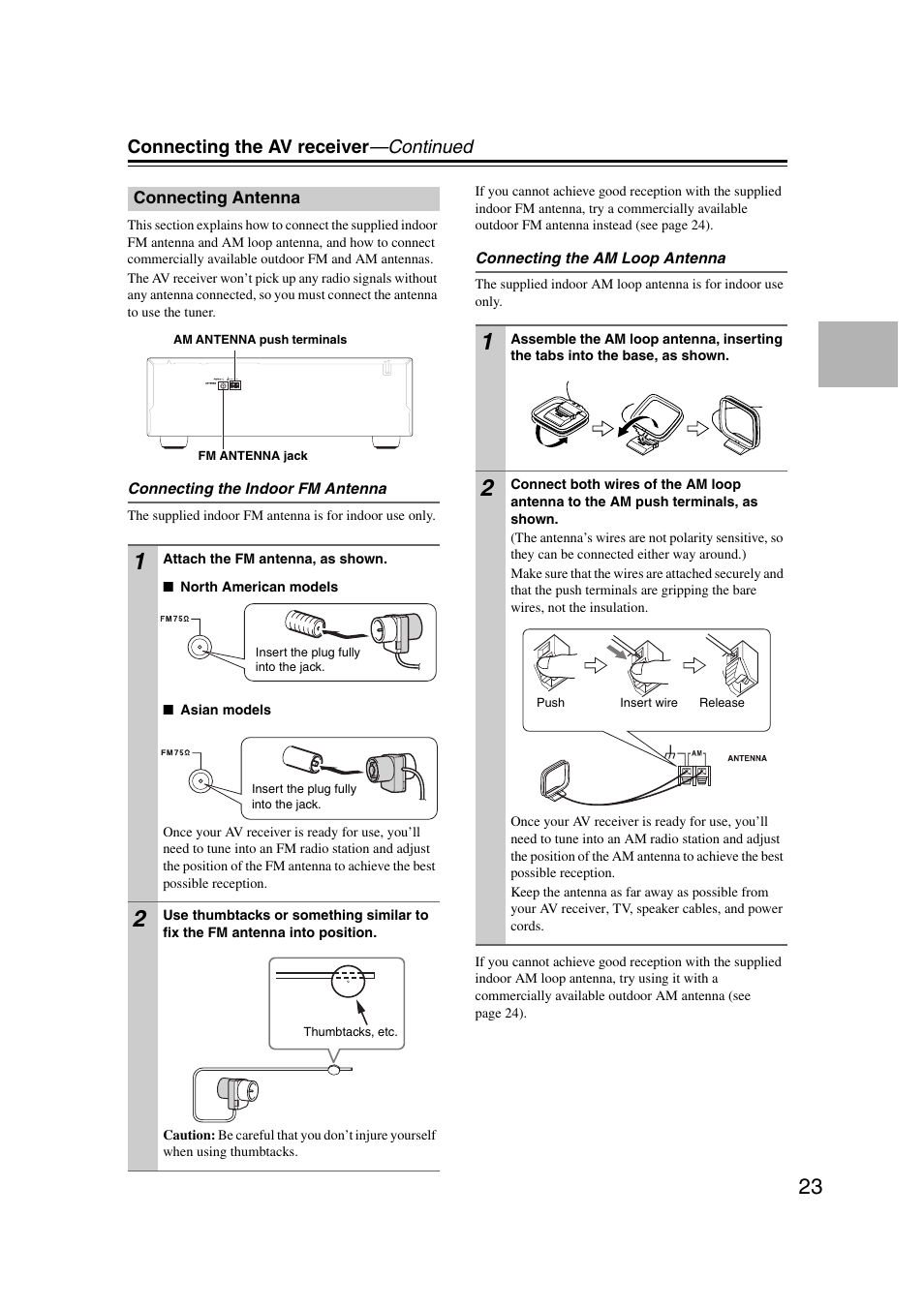 Connecting antenna, Connecting the av receiver —continued | Onkyo 29344937 User Manual | Page 23 / 100