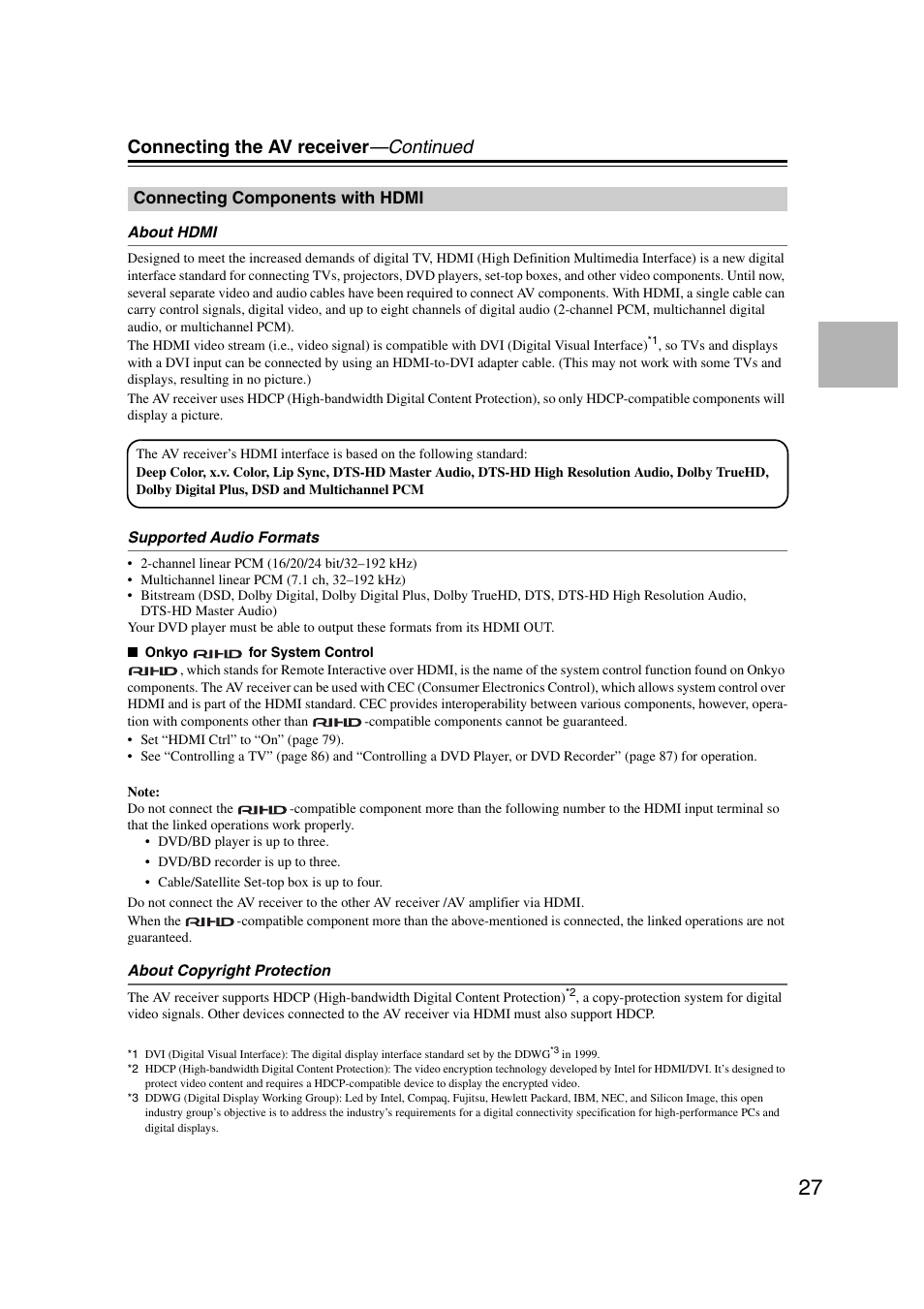 Connecting components with hdmi, Connecting the av receiver —continued | Onkyo 29344937 User Manual | Page 27 / 100