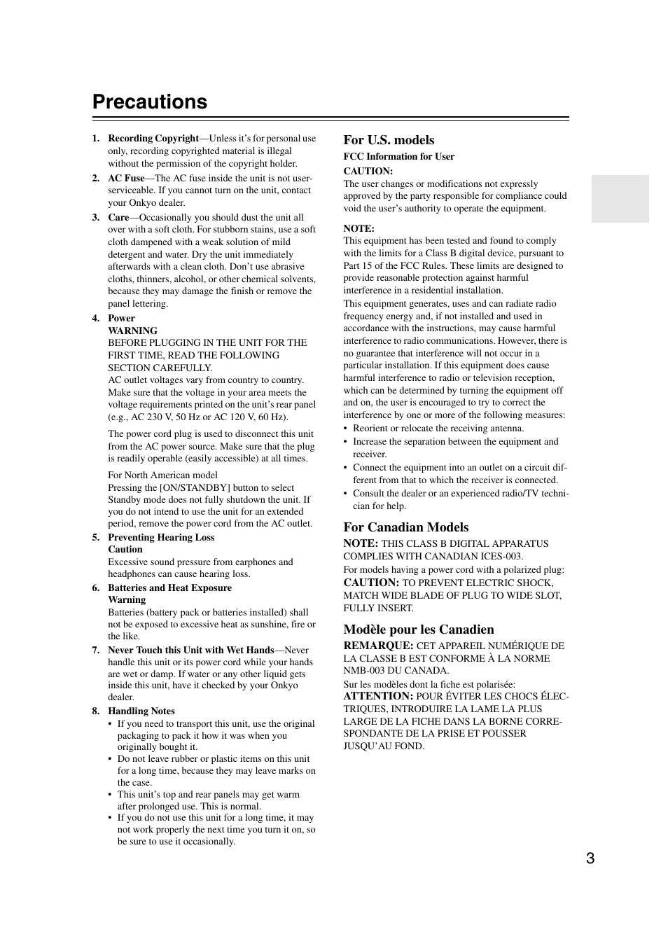 Precautions, For u.s. models, For canadian models | Modèle pour les canadien | Onkyo 29344937 User Manual | Page 3 / 100