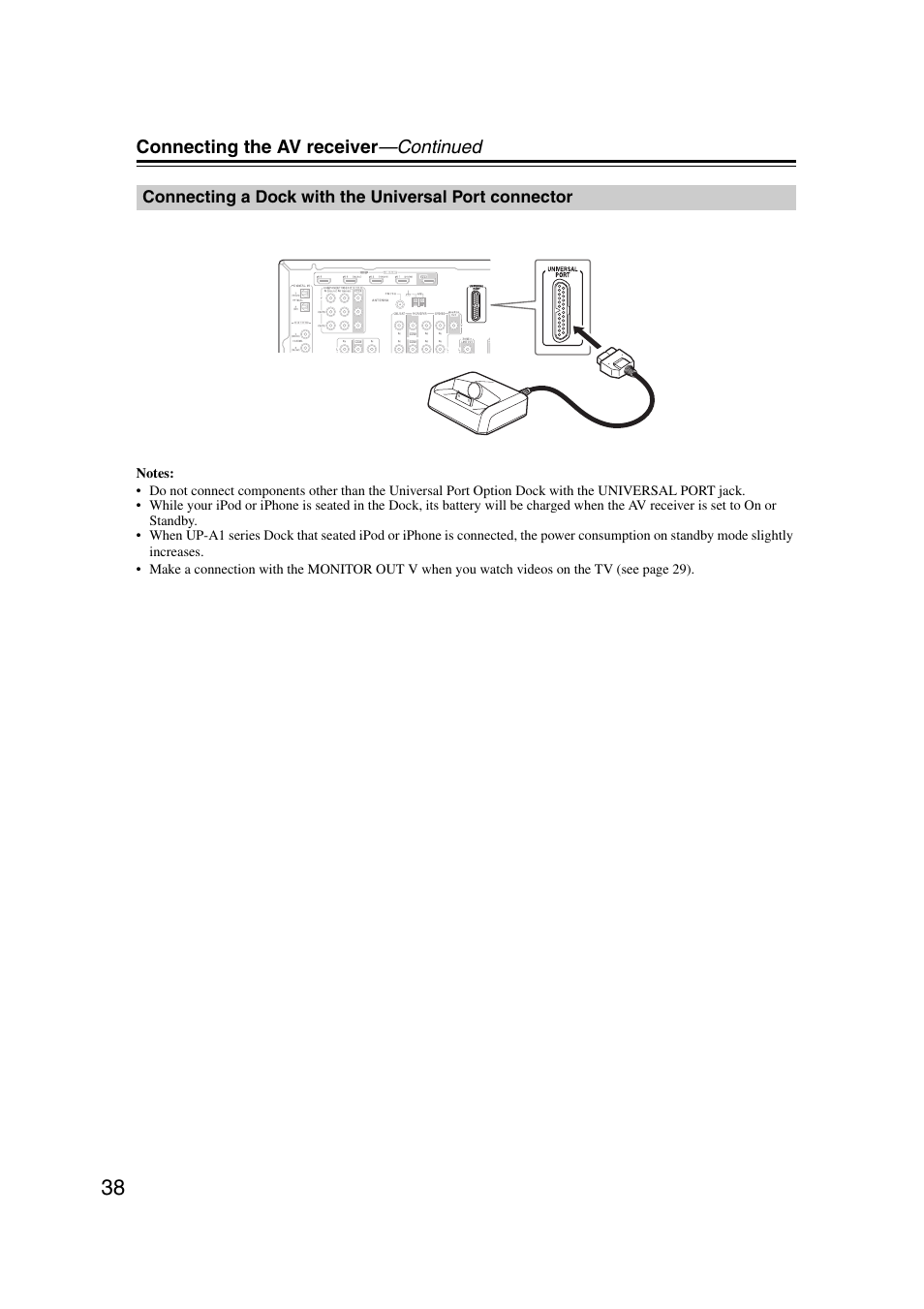 Connecting a dock with the, Universal port connector | Onkyo 29344937 User Manual | Page 38 / 100