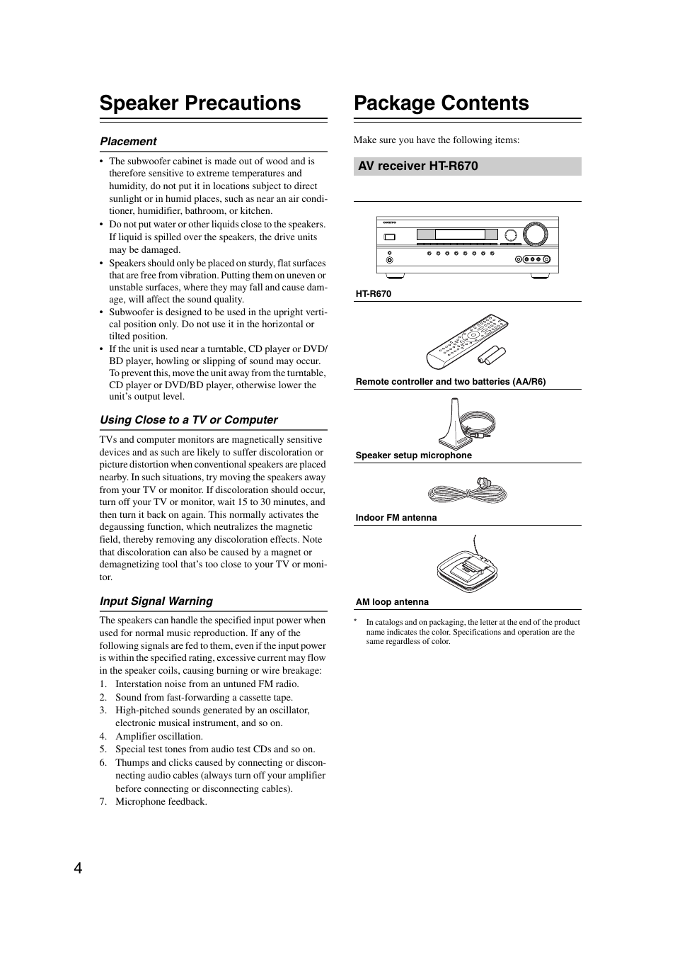 Speaker precautions, Package contents, Av receiver ht-r670 | Onkyo 29344937 User Manual | Page 4 / 100