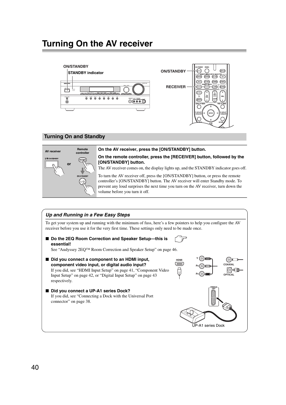 Turning on the av receiver, Turning on and standby, Turning on & first time setup | Tton (40) | Onkyo 29344937 User Manual | Page 40 / 100