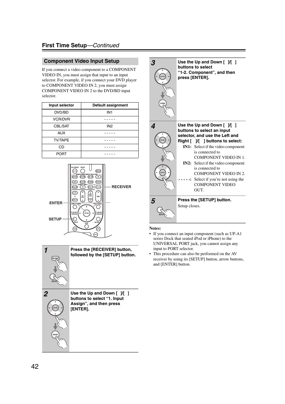 Component video input setup, First time setup —continued | Onkyo 29344937 User Manual | Page 42 / 100