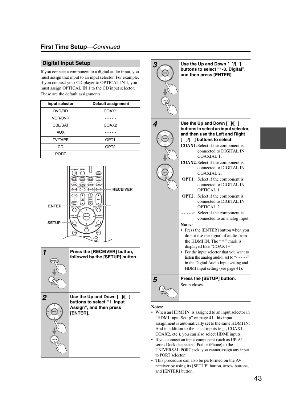 Digital input setup, And 43), First time setup —continued | Onkyo 29344937 User Manual | Page 43 / 100