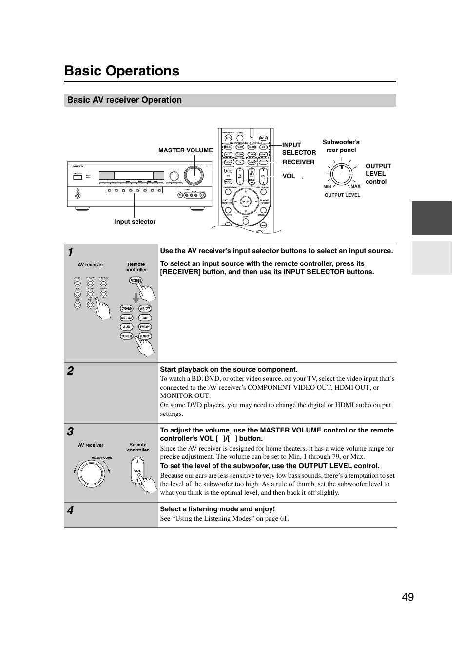 Basic operations, Basic av receiver operation, L (49) | Ttons (49) | Onkyo 29344937 User Manual | Page 49 / 100