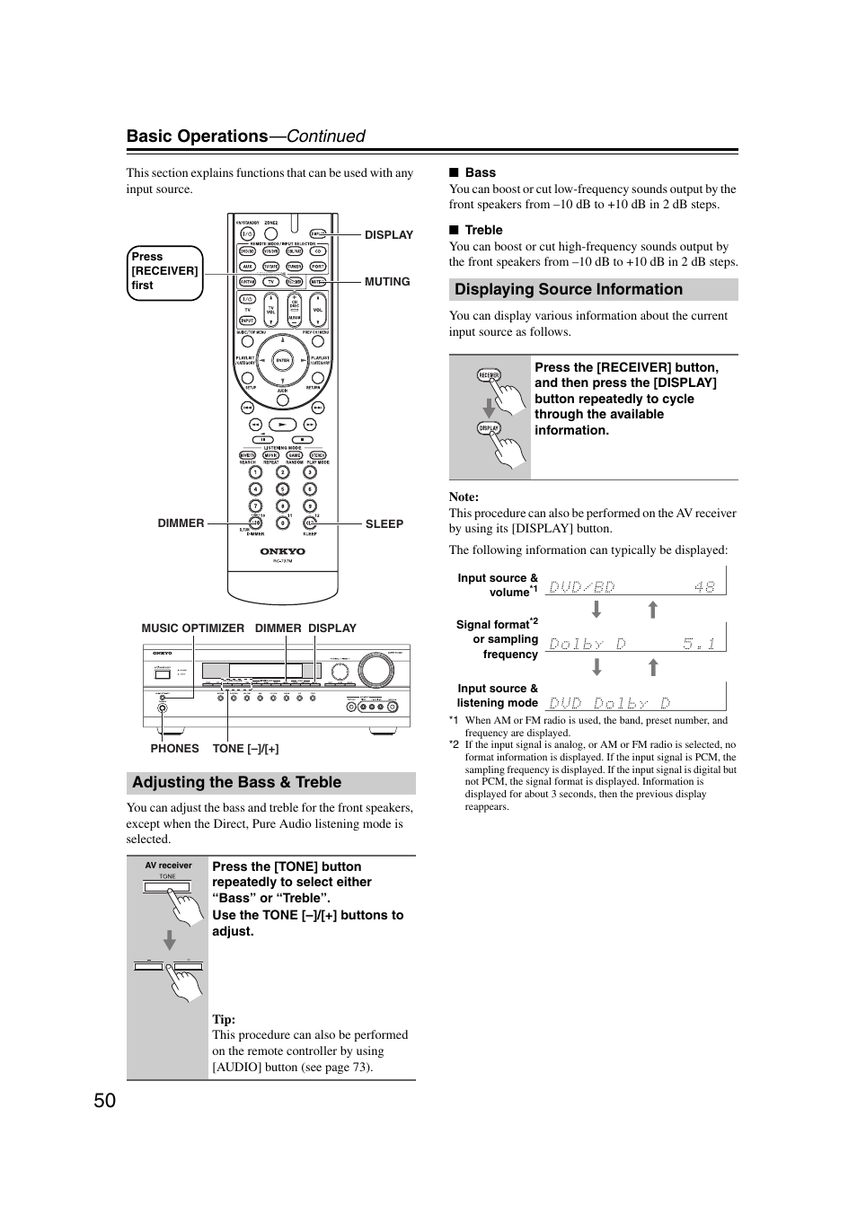 Adjusting the bass & treble, Displaying source information, Ttons (50, 83) | Basic operations —continued | Onkyo 29344937 User Manual | Page 50 / 100