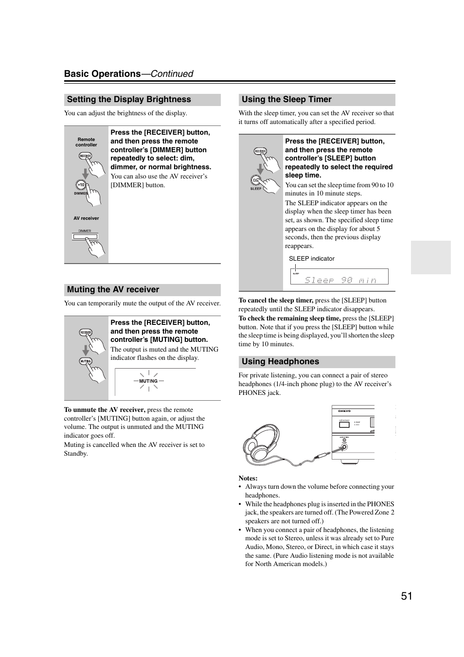 Setting the display brightness, Muting the av receiver, Using the sleep timer | Using headphones, Basic operations —continued | Onkyo 29344937 User Manual | Page 51 / 100