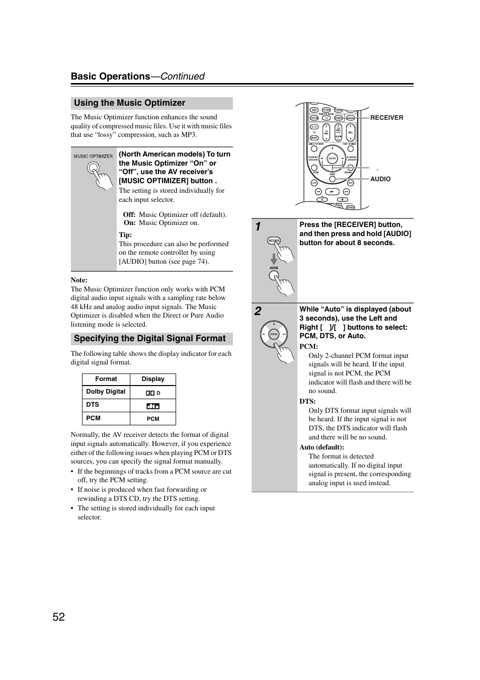 Using the music optimizer, Specifying the digital signal format, On (52) | Basic operations —continued | Onkyo 29344937 User Manual | Page 52 / 100