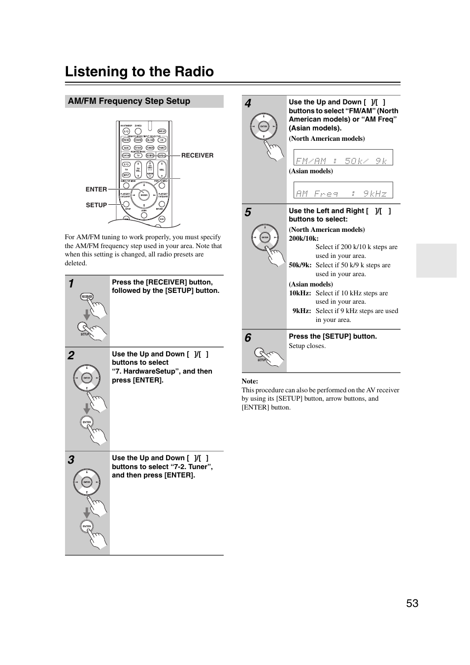 Listening to the radio, Am/fm frequency step setup | Onkyo 29344937 User Manual | Page 53 / 100