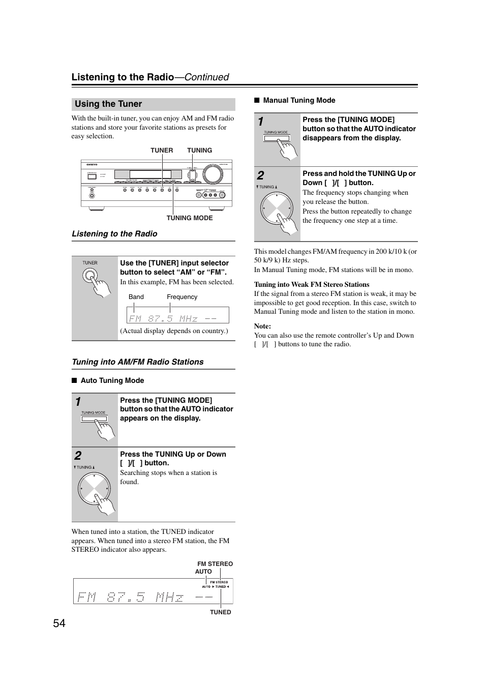 Using the tuner, Tton (54), Tuned (54) | Listening to the radio —continued | Onkyo 29344937 User Manual | Page 54 / 100