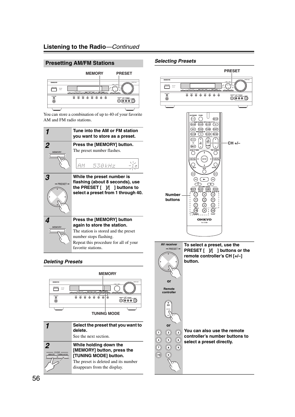 Presetting am/fm stations, Tton (56), Listening to the radio —continued | Onkyo 29344937 User Manual | Page 56 / 100