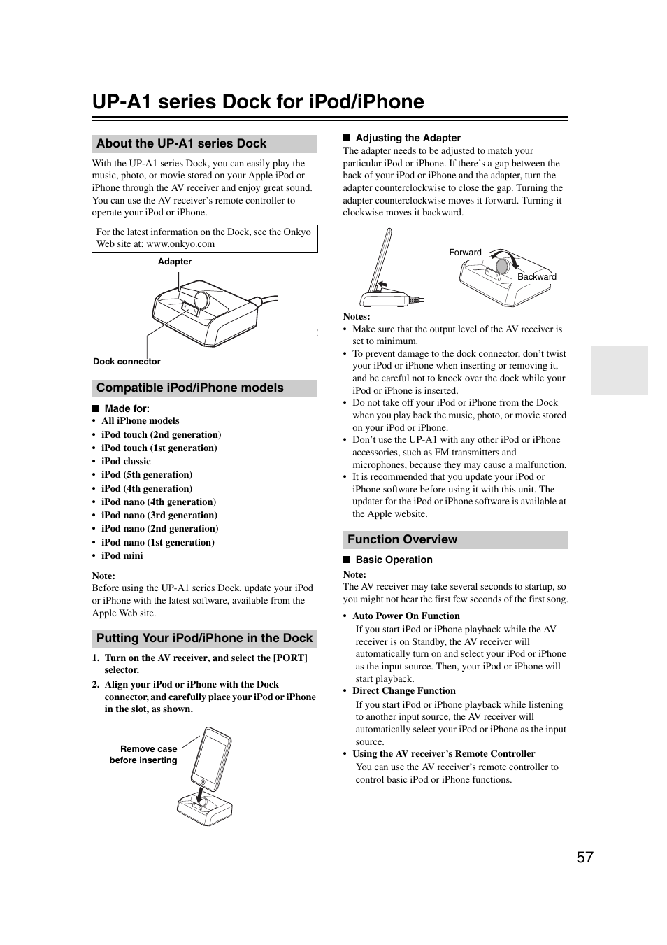 Up-a1 series dock for ipod/iphone, About the up-a1 series dock, Compatible ipod/iphone models | Putting your ipod/iphone in the dock, Function overview | Onkyo 29344937 User Manual | Page 57 / 100