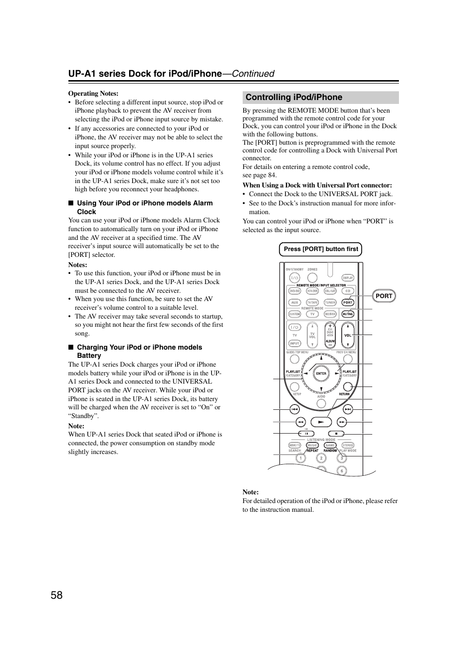 Controlling ipod/iphone, Up-a1 series dock for ipod/iphone —continued | Onkyo 29344937 User Manual | Page 58 / 100