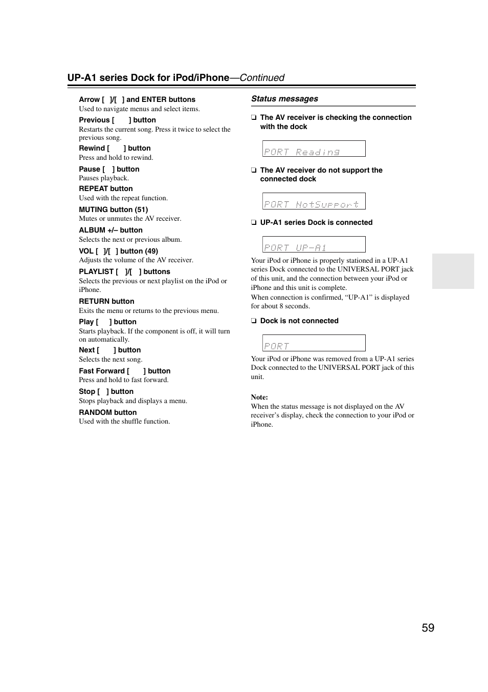 Up-a1 series dock for ipod/iphone —continued | Onkyo 29344937 User Manual | Page 59 / 100