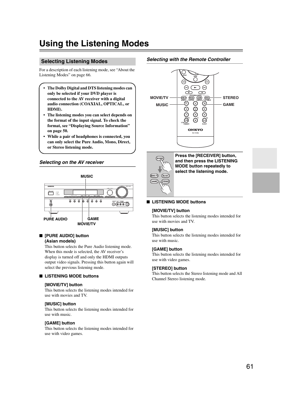 Using the listening modes, Selecting listening modes, On (61) | Ttons (61) | Onkyo 29344937 User Manual | Page 61 / 100