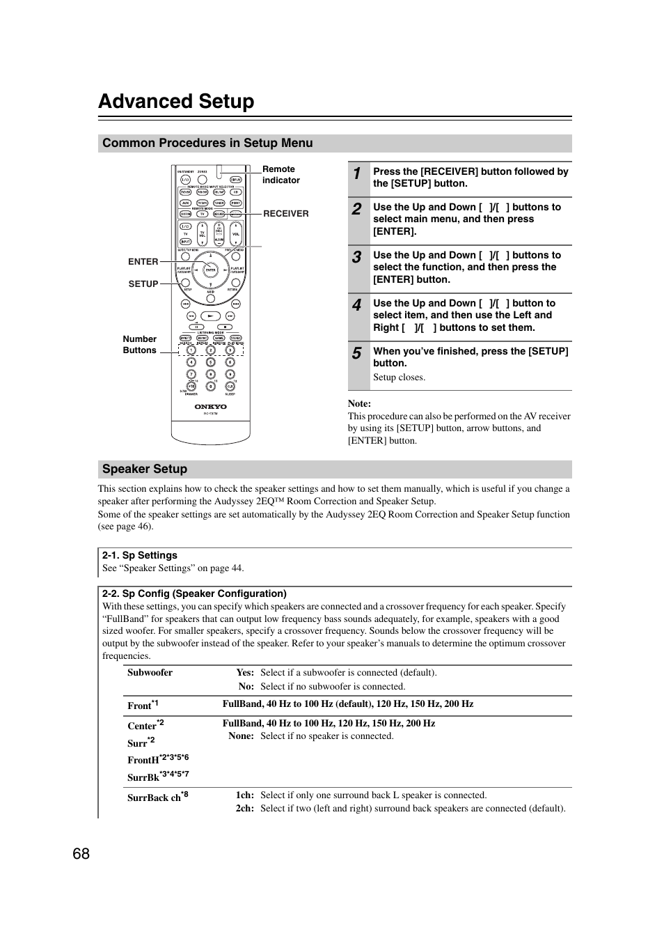 Advanced setup, Common procedures in setup menu, Speaker setup | Common procedures in setup menu speaker setup | Onkyo 29344937 User Manual | Page 68 / 100