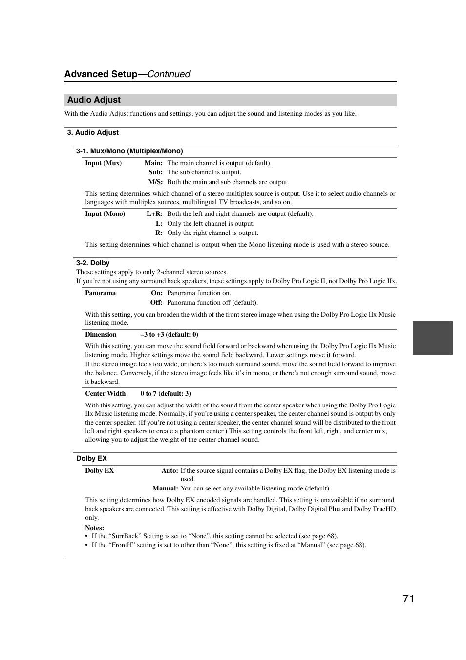 Audio adjust, Advanced setup —continued | Onkyo 29344937 User Manual | Page 71 / 100