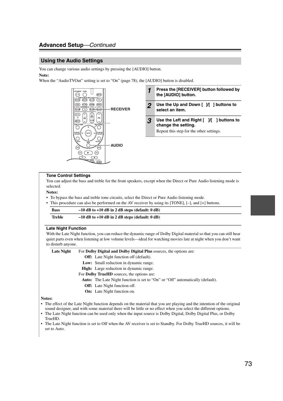 Using the audio settings, Advanced setup —continued | Onkyo 29344937 User Manual | Page 73 / 100