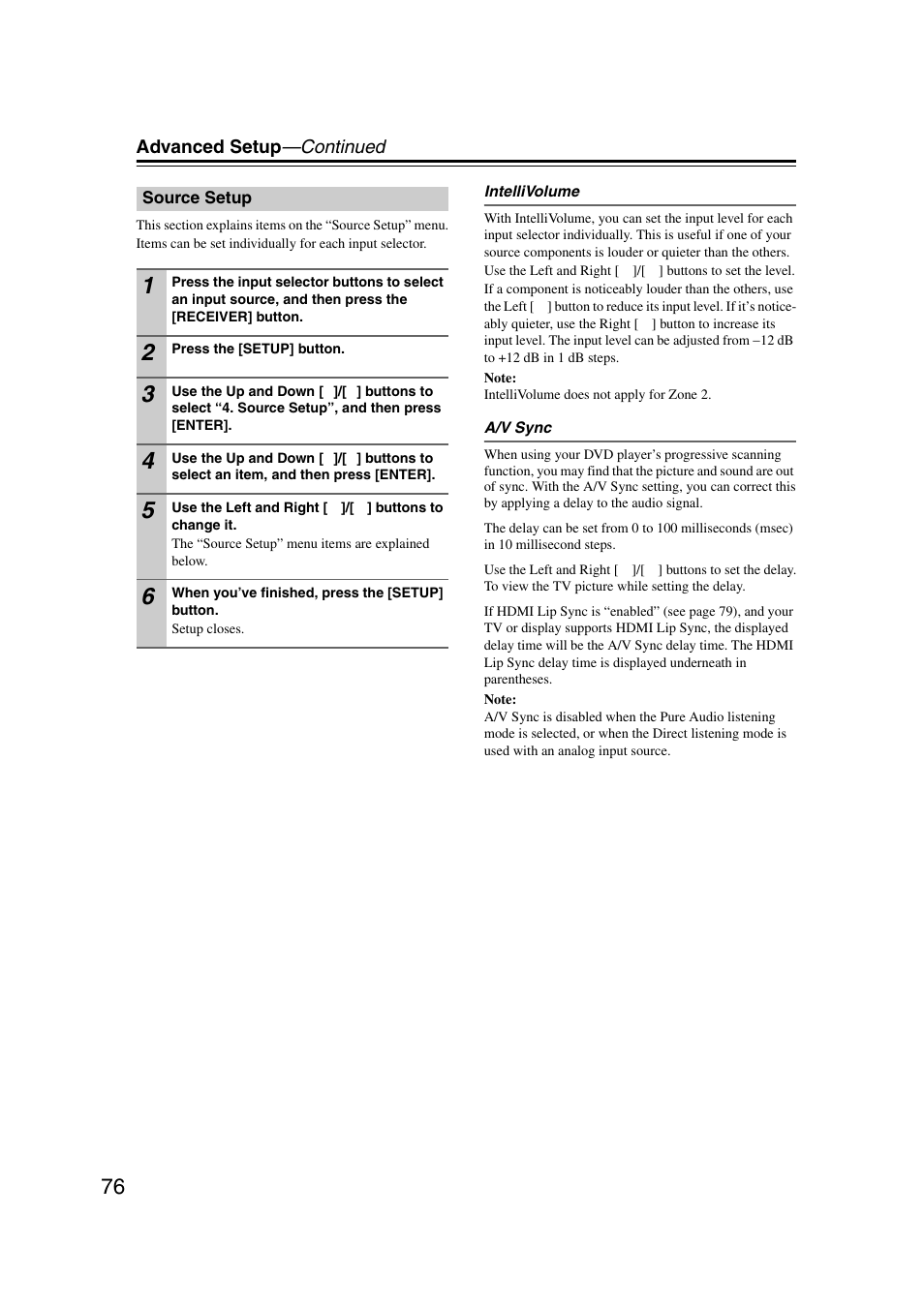 Source setup | Onkyo 29344937 User Manual | Page 76 / 100