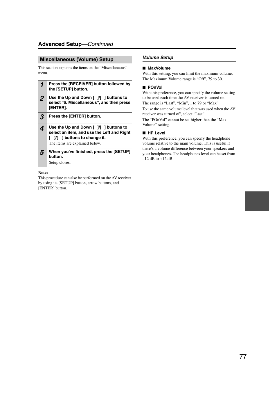 Miscellaneous (volume) setup | Onkyo 29344937 User Manual | Page 77 / 100