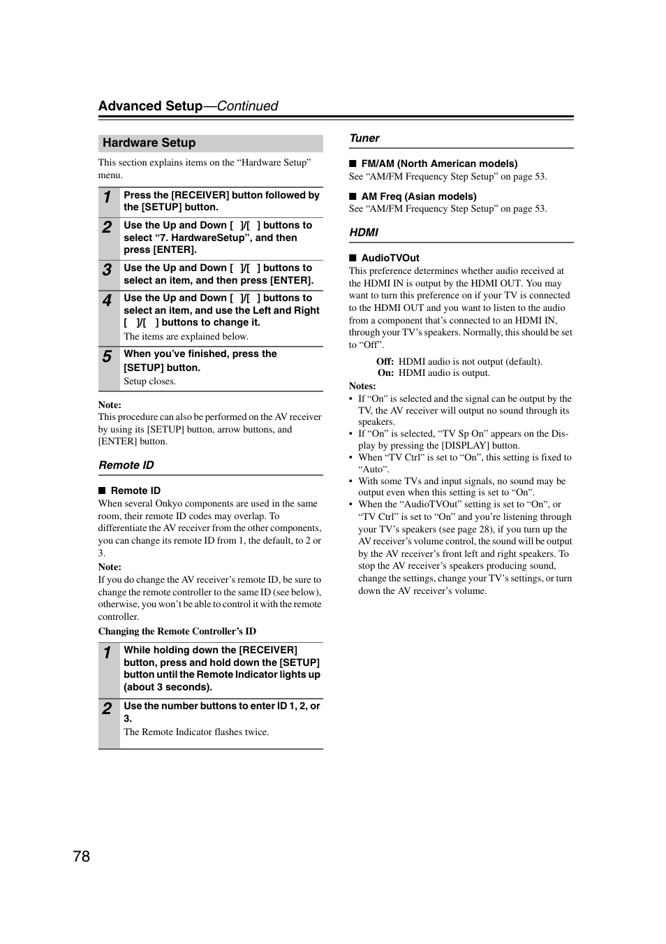 Hardware setup, Advanced setup —continued | Onkyo 29344937 User Manual | Page 78 / 100