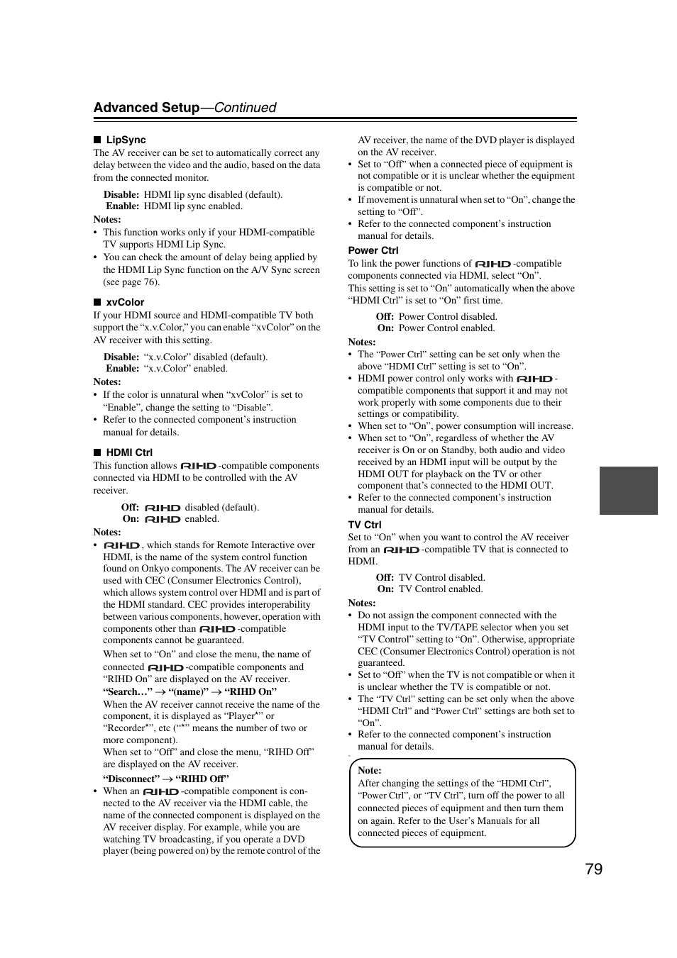 Et “hdmi ctrl” to “on, Advanced setup —continued | Onkyo 29344937 User Manual | Page 79 / 100