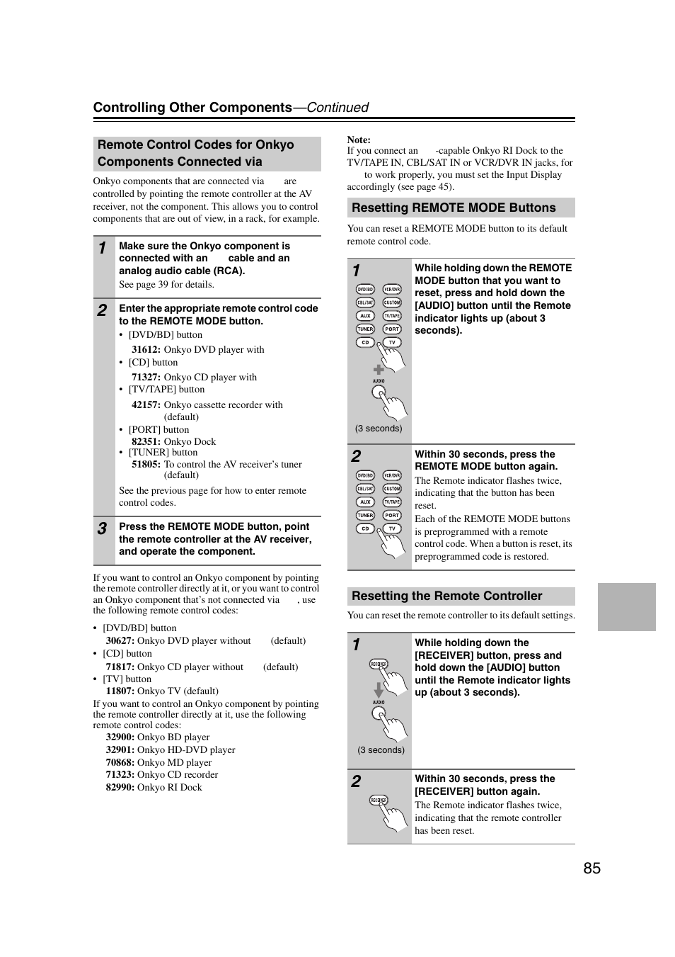 Resetting remote mode buttons, Resetting the remote controller, Remote control codes for onkyo | Components connected via | Onkyo 29344937 User Manual | Page 85 / 100