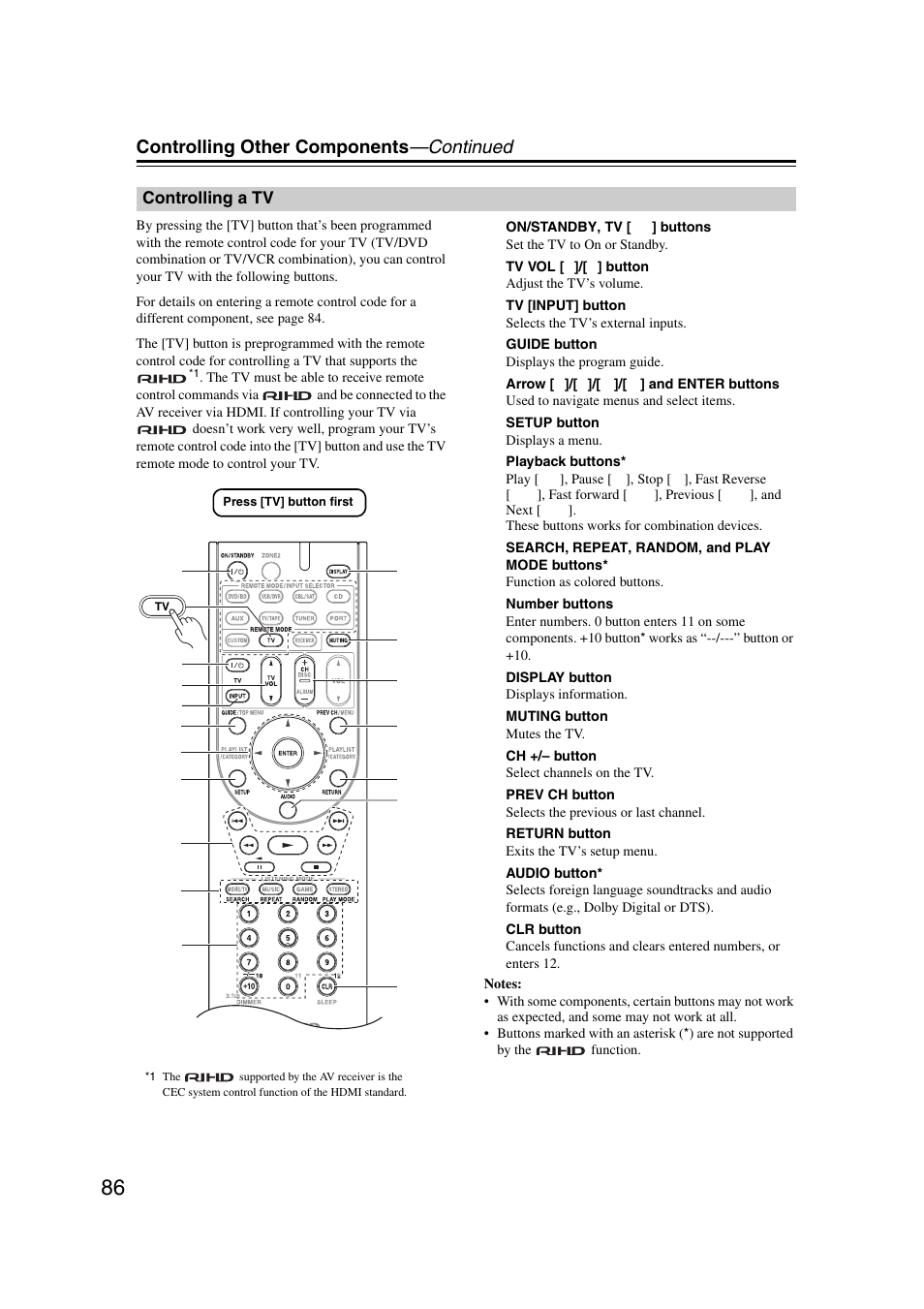 Controlling a tv, Controlling other components —continued | Onkyo 29344937 User Manual | Page 86 / 100