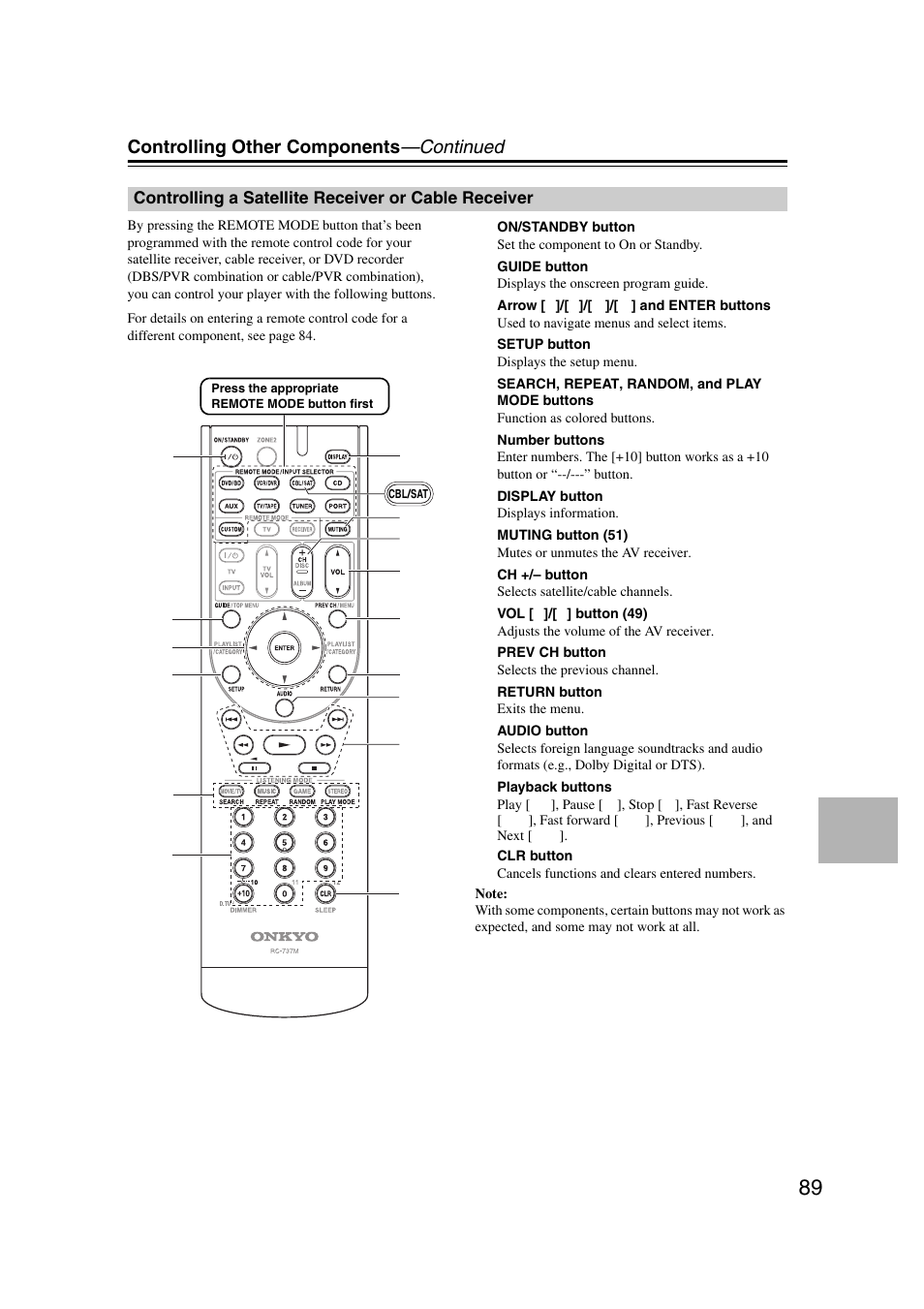 Controlling a satellite receiver or cable receiver, Controlling other components —continued | Onkyo 29344937 User Manual | Page 89 / 100