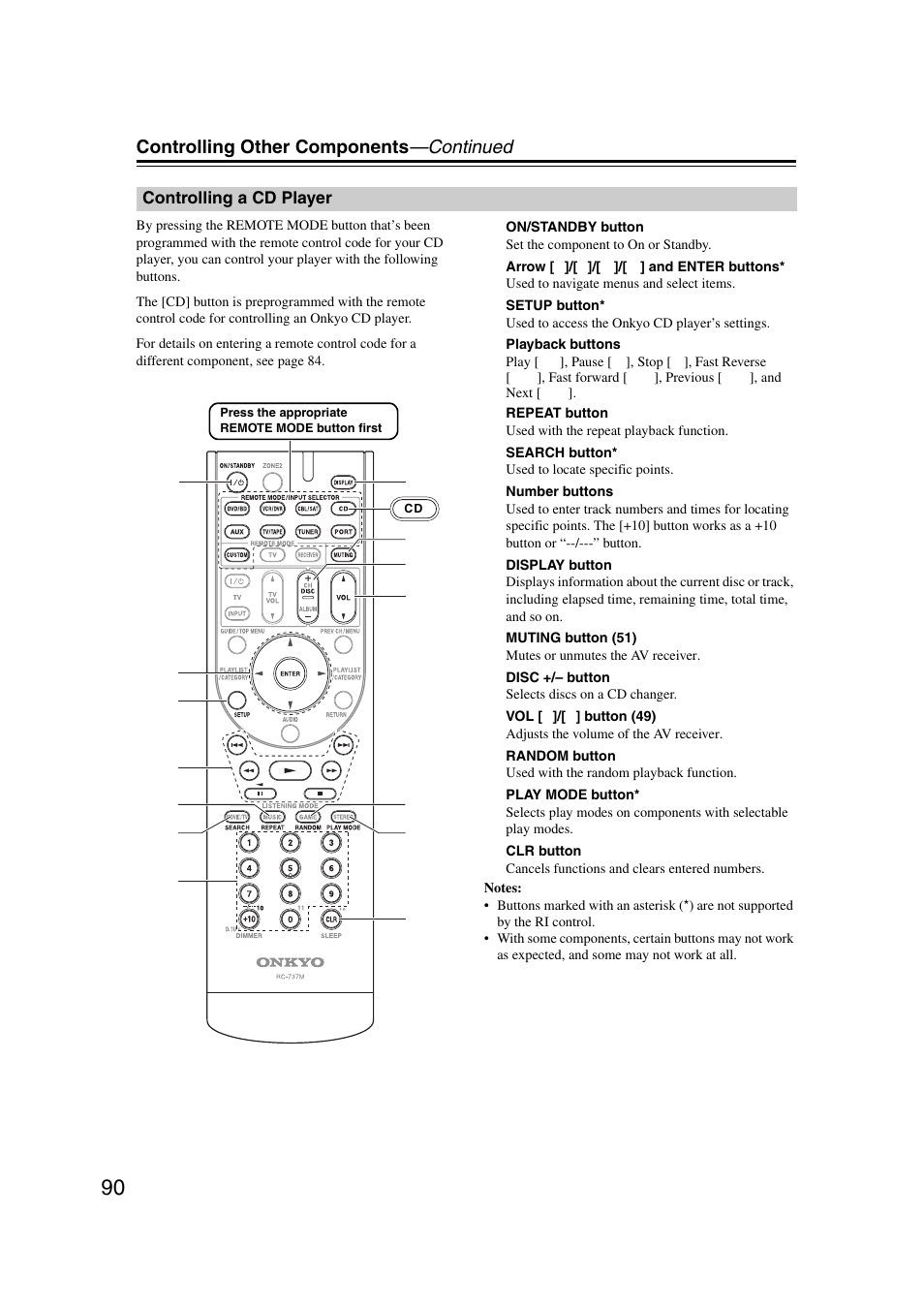 Controlling a cd player, Controlling other components —continued | Onkyo 29344937 User Manual | Page 90 / 100