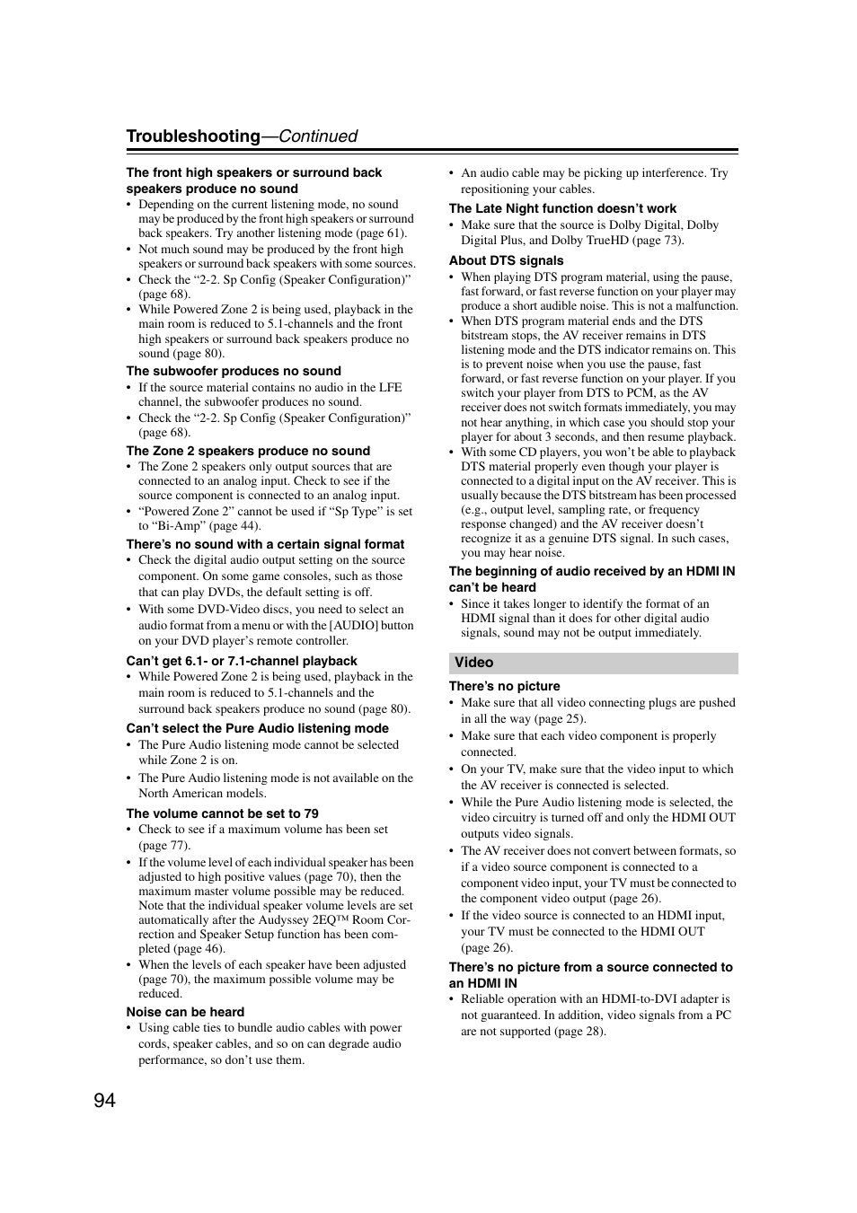 Troubleshooting —continued | Onkyo 29344937 User Manual | Page 94 / 100