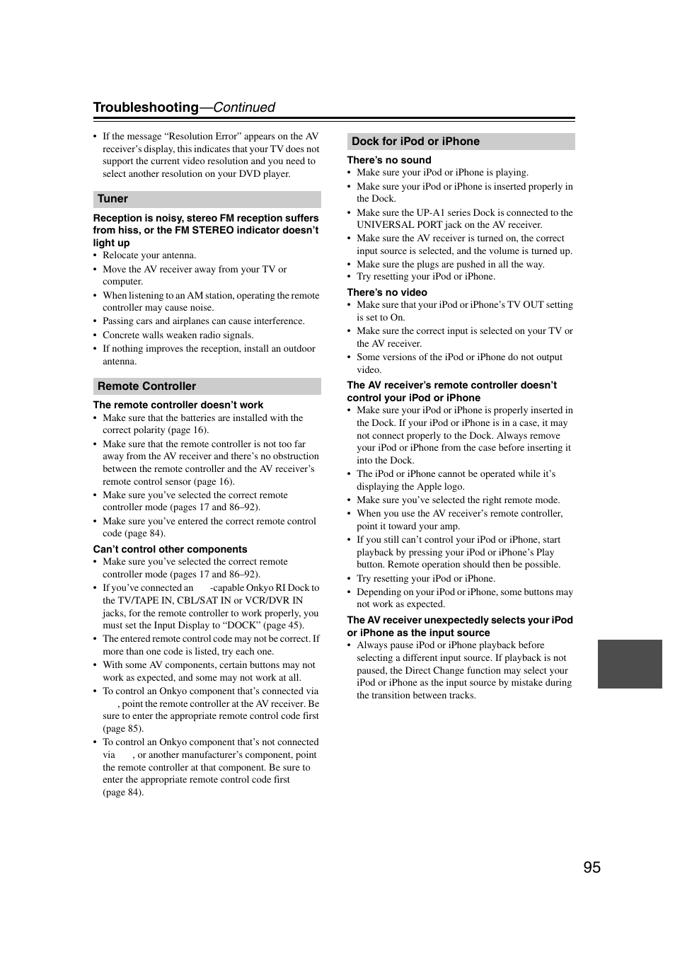 Troubleshooting —continued | Onkyo 29344937 User Manual | Page 95 / 100