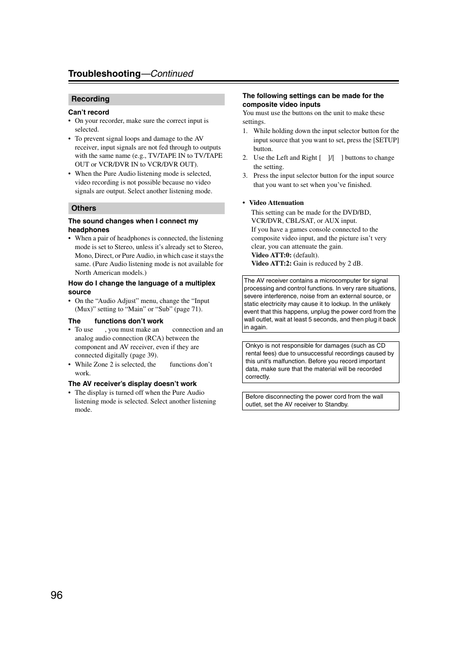 Troubleshooting —continued | Onkyo 29344937 User Manual | Page 96 / 100