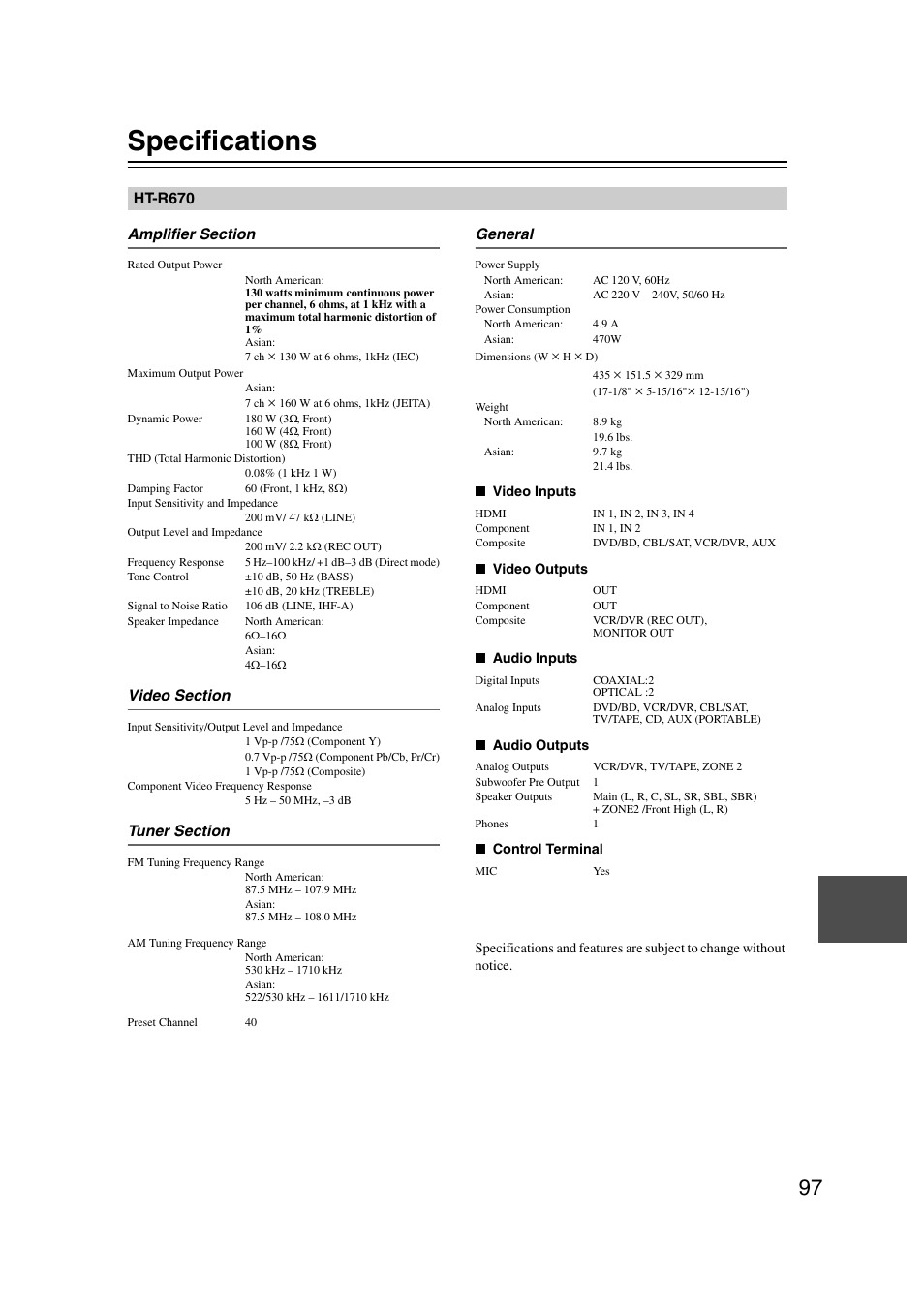 Specifications | Onkyo 29344937 User Manual | Page 97 / 100