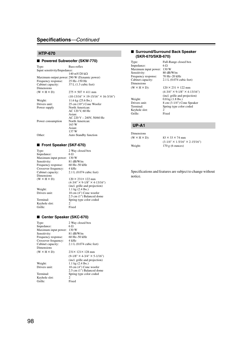 Specifications —continued | Onkyo 29344937 User Manual | Page 98 / 100