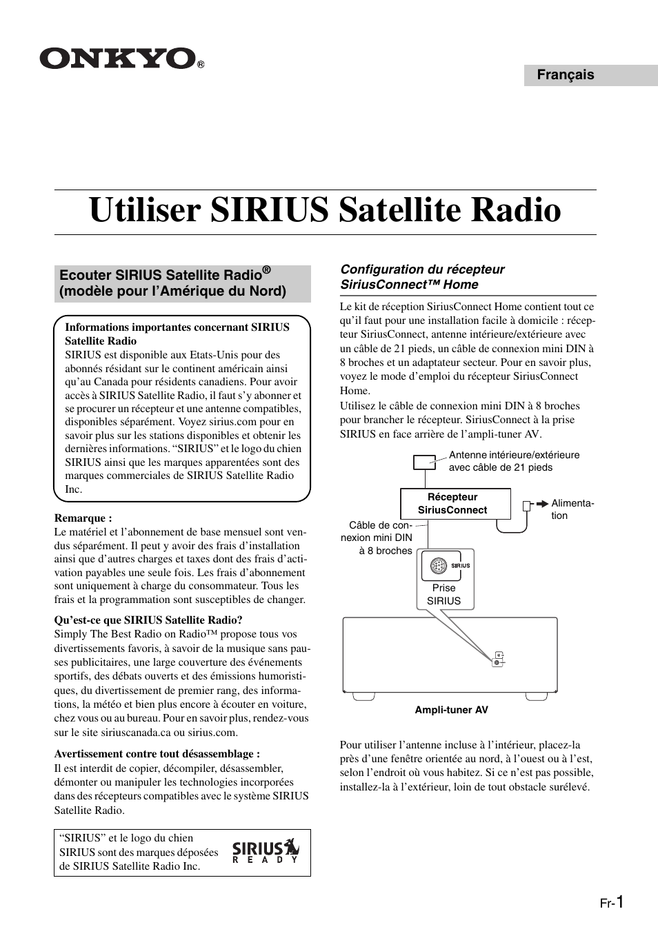 Francais, Utiliser sirius satellite radio | Onkyo CNP-1000 User Manual | Page 11 / 56