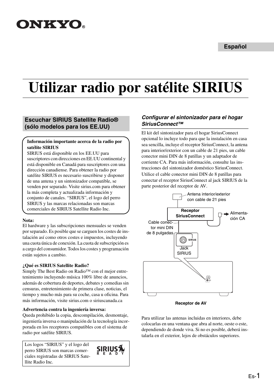 Espanol, Utilizar radio por satélite sirius | Onkyo CNP-1000 User Manual | Page 21 / 56