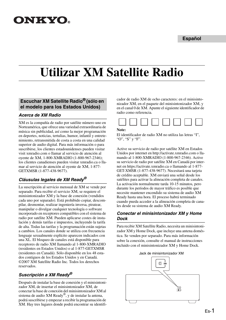 Espanol, Utilizar xm satellite radio | Onkyo CNP-1000 User Manual | Page 49 / 56
