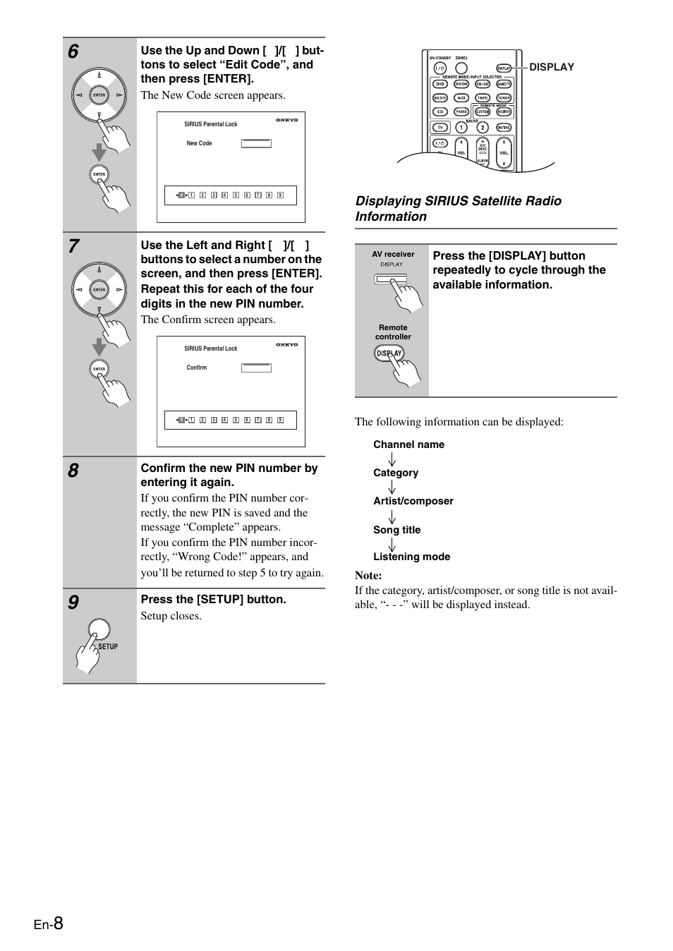 Displaying sirius satellite radio information, Press the [setup] button. setup closes | Onkyo CNP-1000 User Manual | Page 8 / 56