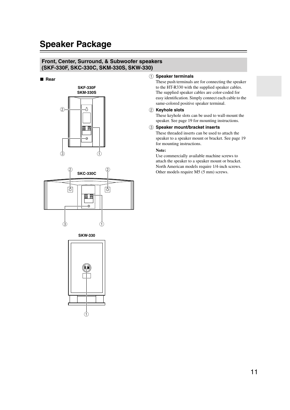 Speaker package | Onkyo HT-S580 User Manual | Page 11 / 60