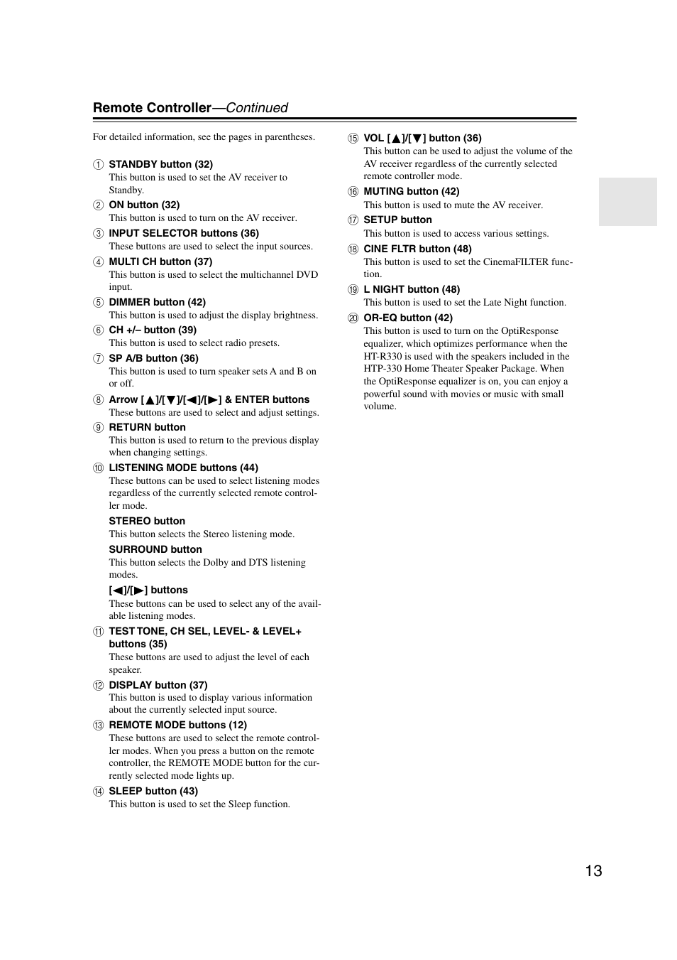 Remote controller —continued | Onkyo HT-S580 User Manual | Page 13 / 60