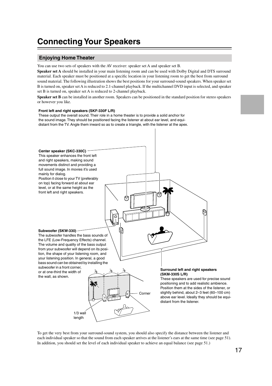 Connecting your speakers, Enjoying home theater, Connection | Onkyo HT-S580 User Manual | Page 17 / 60