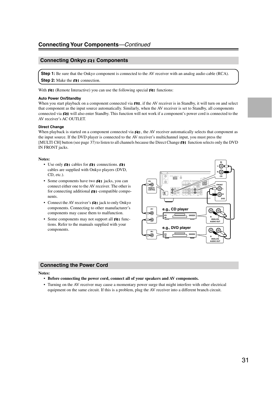 Connecting onkyo components, Connecting the power cord, Connecting your components —continued | Onkyo HT-S580 User Manual | Page 31 / 60